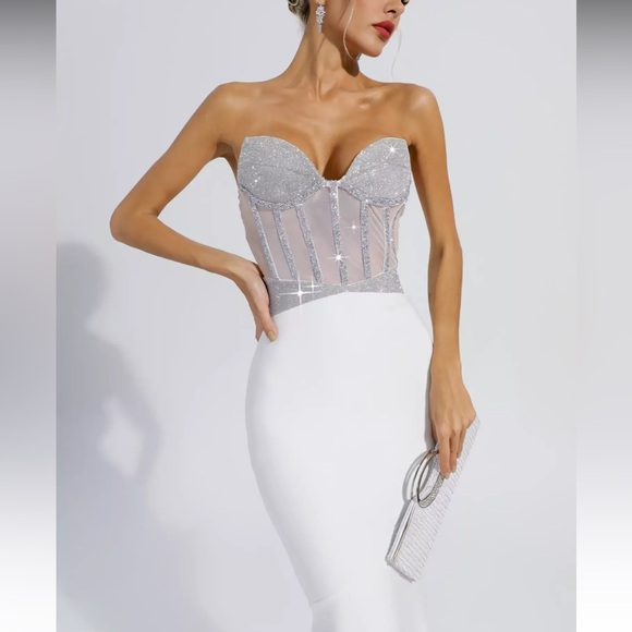 Elegant White Diamond Bodycon Maxi Dress NWT - Picture 2 of 8